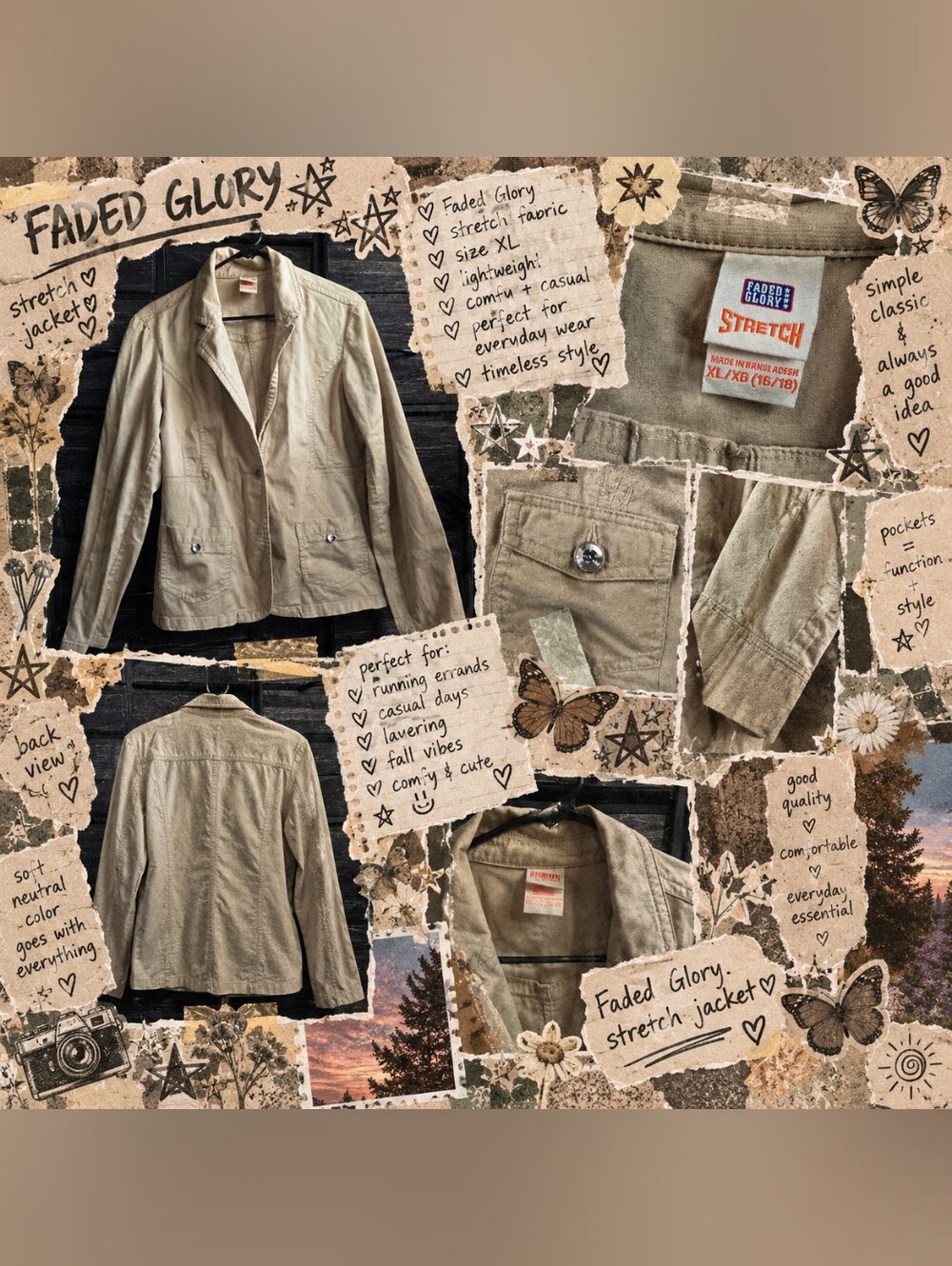 🌾 Faded Glory Stretch Tan Utility Blazer — XL/XXG (16/18)